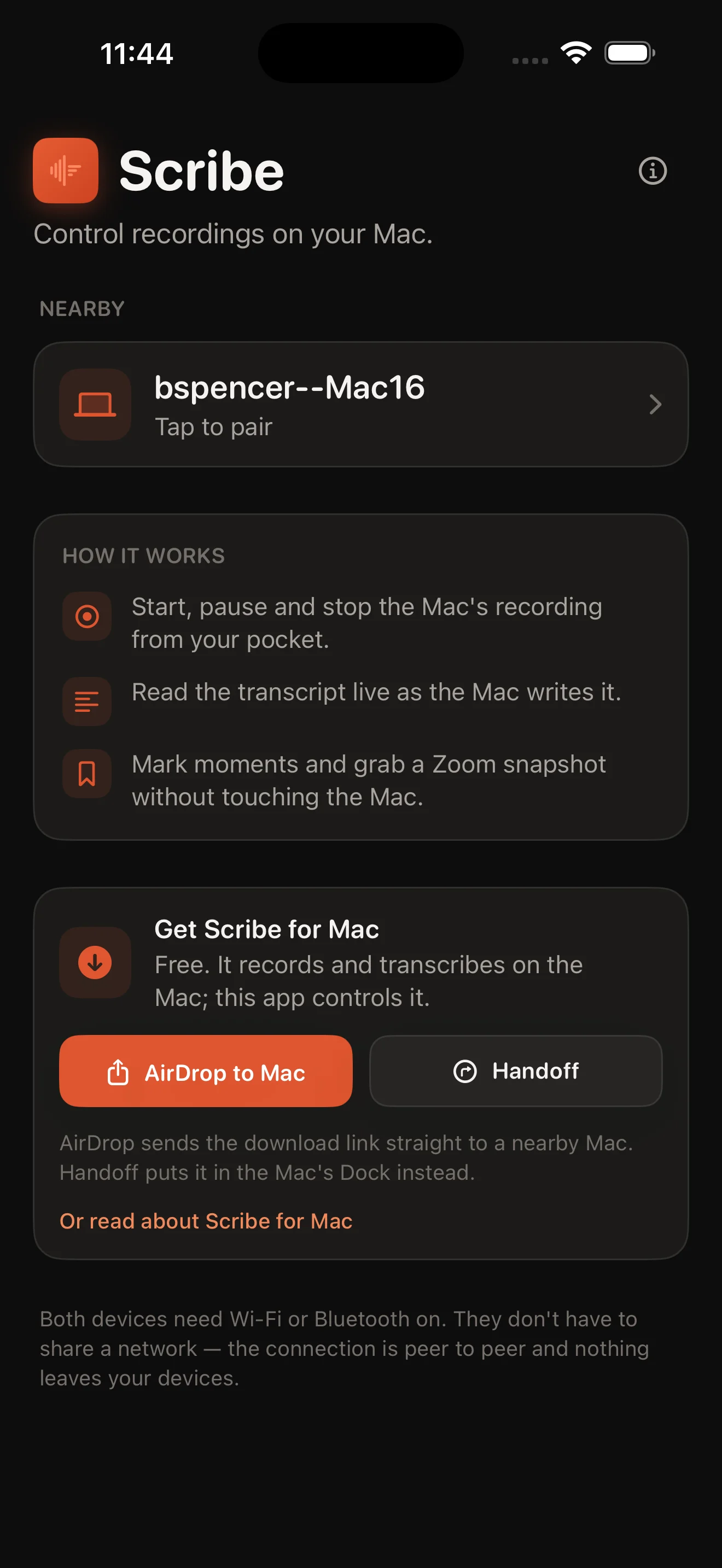 Scribe Remote on iPhone: a nearby Mac ready to pair